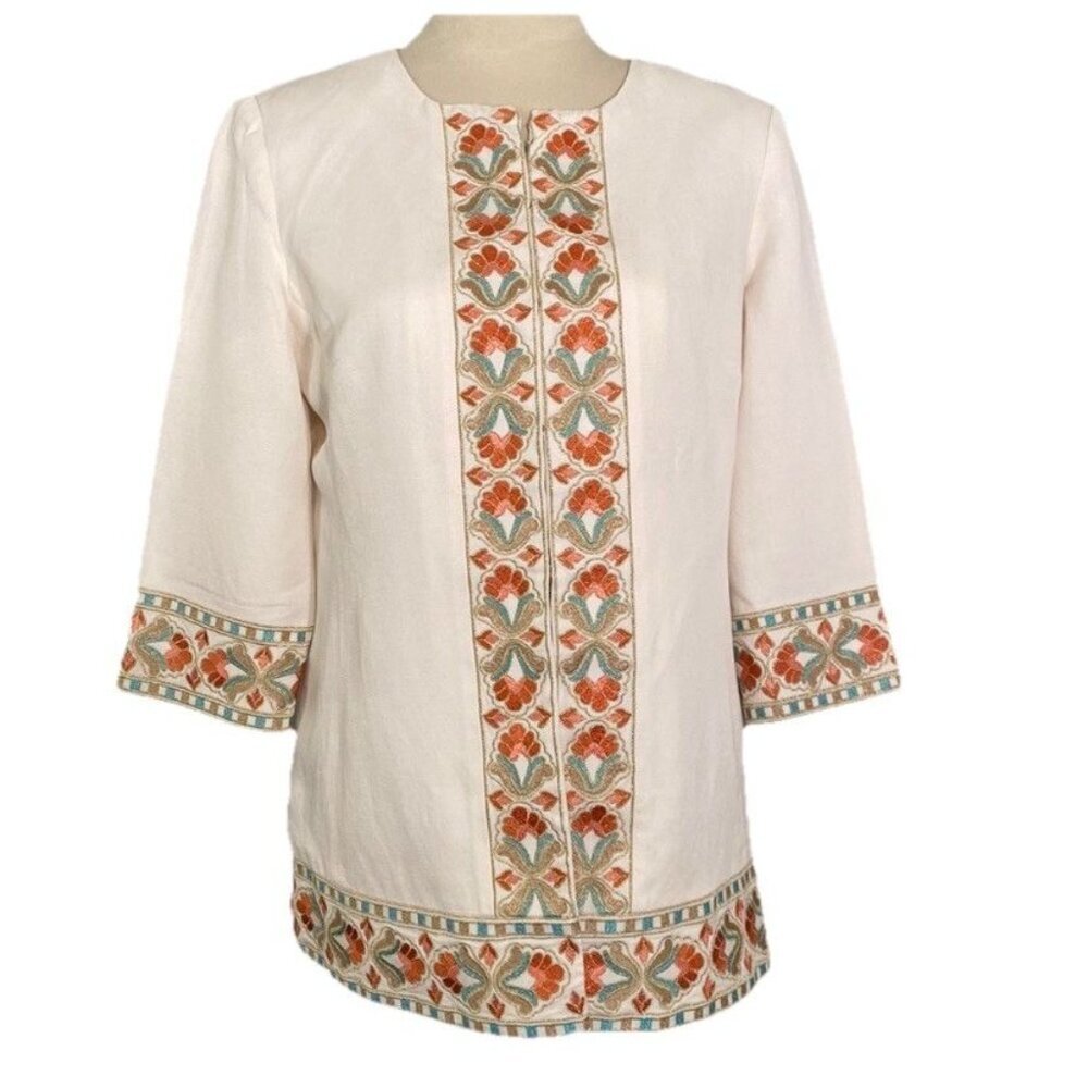 Doncaster Women’s Size 8 Ivory Silk Linen Embroidered 3/4 Long Sleeves Tunic Top